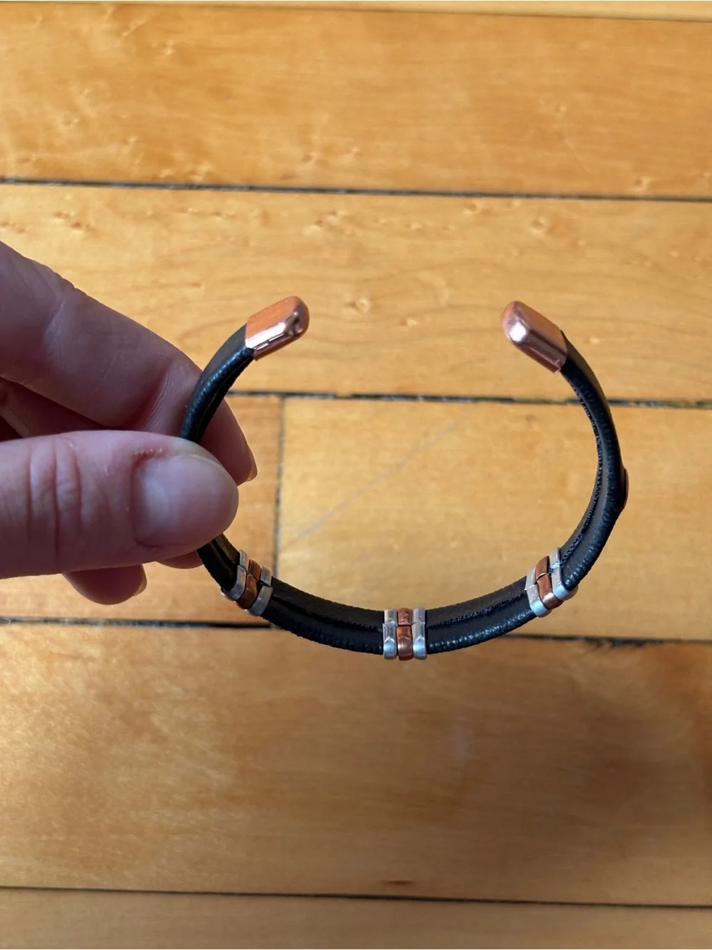 NWOT Mixed-Metal Copper & Black Leather Wrapped Magnetic Cuff Bangle Bracelet